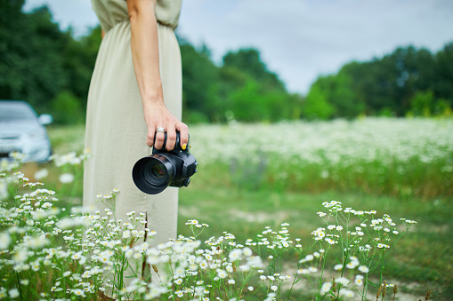 Female photographer holding a camera outdoors on flower field landscape, unrecognizable woman hold digital camera in her hands. Travel nature photography, space for text.