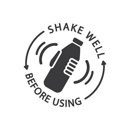 Shake well before use, label. Hand holding a bottle, vector.