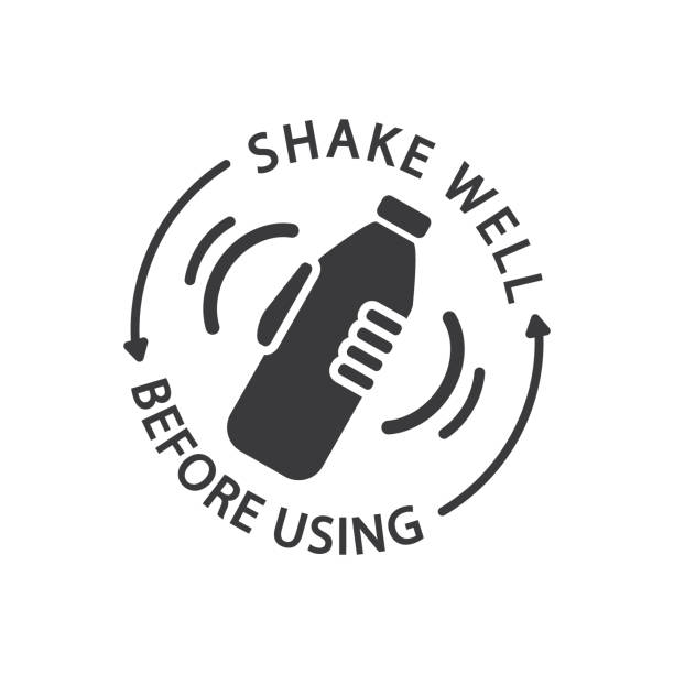 Shake well before use, label. Hand holding a bottle, vector. Shake well before use, label. Hand holding a bottle, vector. shaking stock illustrations
