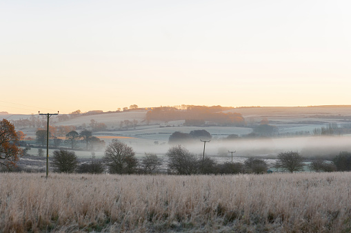 A landscape shot of the sun rising on a frosty, foggy morning in the English countryside.
