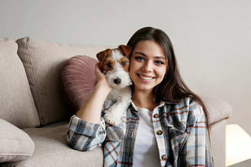 Portrait of young beautiful woman playing with her adorable four months old wire haired Jack Russel terrier puppy. Loving girl with rough coated pup having fun. Background, close up, copy space.