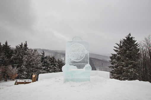 21.01.2022 - Pustevny, Czech Republic. Ice sculptures in Pustevny, Czech Republic. Beautiful models of space objects and zodiac signs made of ice cubes.