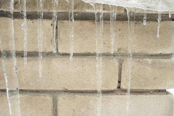 istock Icicles hanging down, dripping. Winter to spring. Shallow depth of field. pattern of ice crystal hanging un a peace of wood. 1367167767