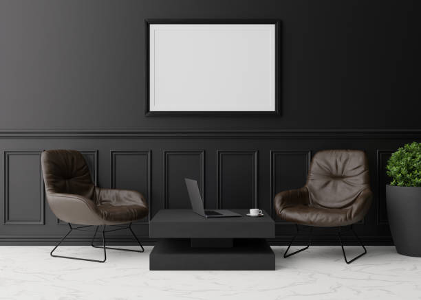 istock Empty horizontal picture frame on black wall in modern living room. Mock up interior in classic style. Free space, copy space for your picture. Brown leather armchairs, table, plant. 3D rendering. 1367167999