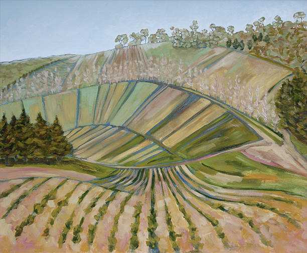 Oil Painting of Farm Paddocks on a Hillside vector art illustration