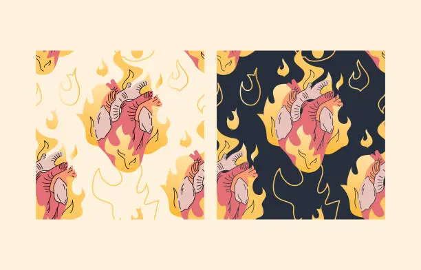 Vector illustration of Burning Heart Seamless Patterns