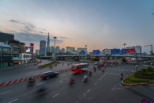 Hang Xanh crossroad with traffic on the street, in sunrise - Ho Chi Minh city, south Vietnam