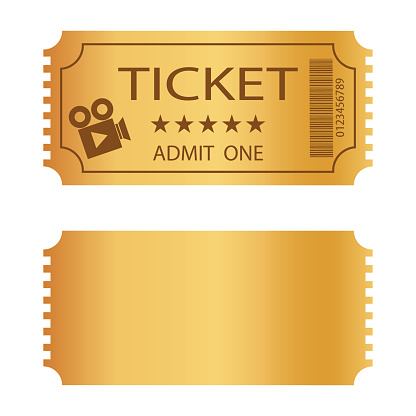 Ticket, golden color retro ticket isolated on white background. Vector, cartoon illustration. Vector.