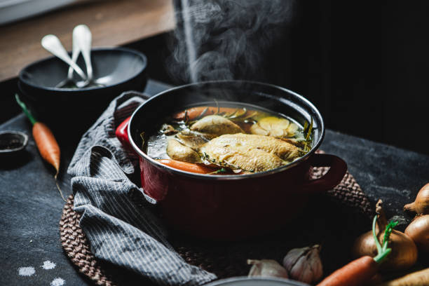 istock Healthy chicken soup with organic vegetables in a pan 1367170918
