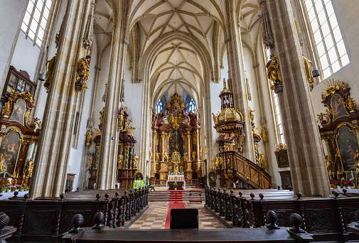 Krems, Austria, July 4, 2021: View of the nave of the Catholic Piarist Church of Our Lady (Piaristenkirche Unsere liebe Frau) in this town on the Danube River. Krems is situated in the Wachau Valley which is listed as UNESCO World Heritage Site.
