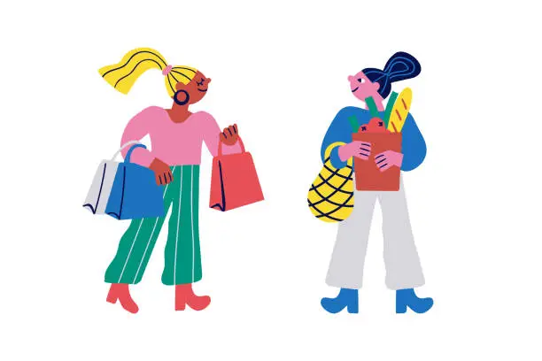 Vector illustration of Two fashionable women with shopping bags talking.