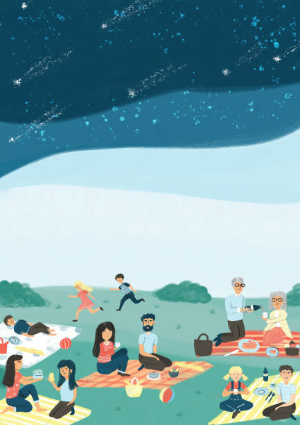 ilustrações de stock, clip art, desenhos animados e ícones de adults and kids spending time in night party or picnic. - illustration and painting watercolor painting people couple