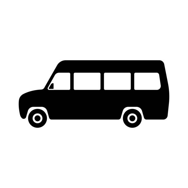 ミニバスアイコン。小型旅客バス バン ブラックシルエットサイドビュー。ベクトル単純なフラットグラフィックイラスト。白い背景上の孤立したオブジェクト。隔離する。 - tourist travel people traveling silhouette点のイラスト素材／クリップアート素材／マンガ素材／アイコン素材