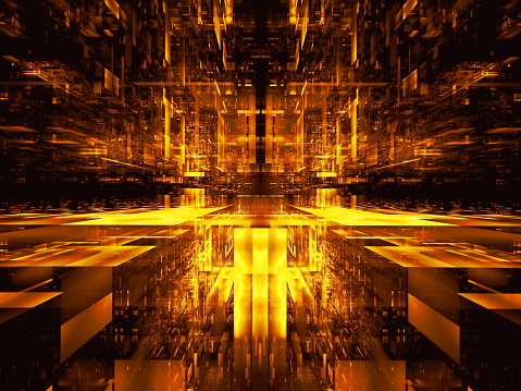 Golden 3d illustration - computer-generated image. Fractal art: translucent block hall or portal. Science fiction or information technology concept.