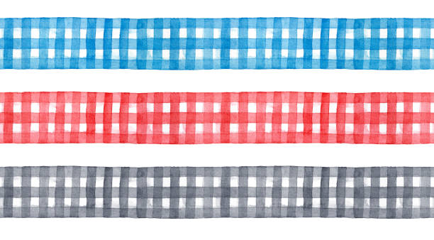 aquarell-illustrationskollektion von nahtlos wiederholbaren gingham checkered ribbons in hellblauen, roten und schwarzen farben. - blue gingham stock-grafiken, -clipart, -cartoons und -symbole