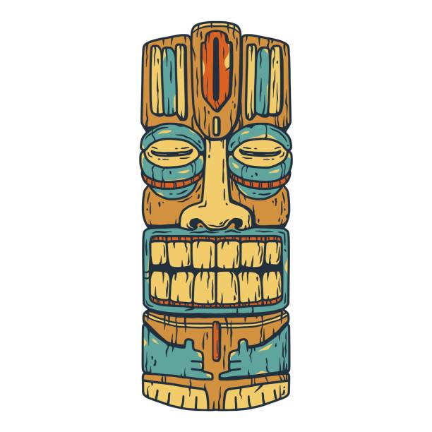 Trendy hawaii wooden tiki mask for surfing bar. Traditional ethnic idol of hawaiian, maori or polynesian. Old tribal totem