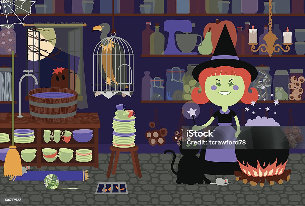Czarownica w jej kuchni - Grafika wektorowa royalty-free (Czarownica)