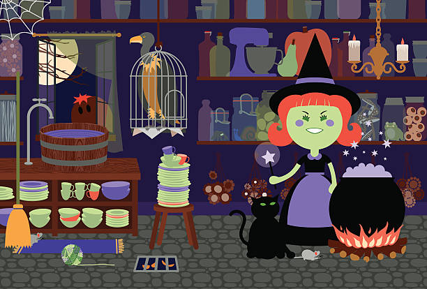Witch in Her Kitchen A fun illustration of a girl-witch in her kitchen adding some magic to her brew. spider on flower stock illustrations