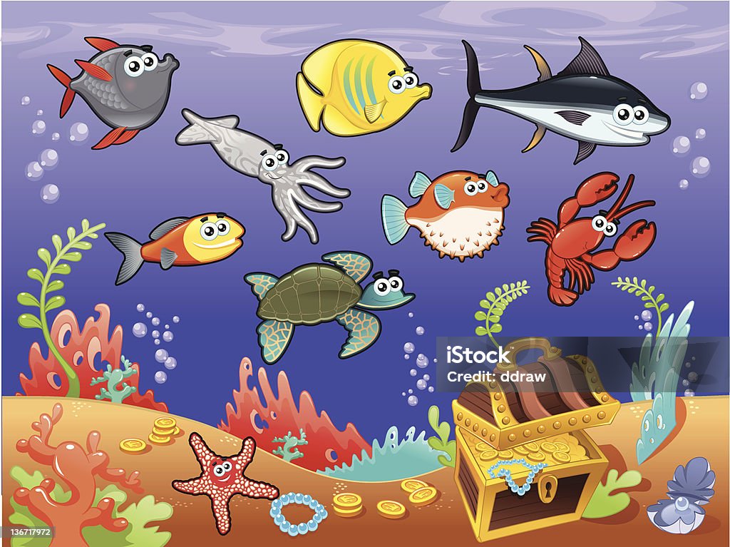 Família de engraçado peixe no mar. - Royalty-free Animal arte vetorial