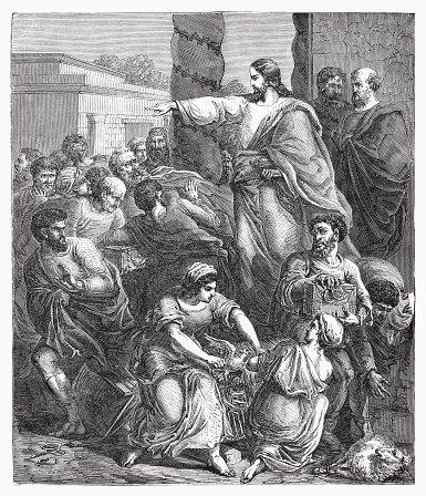 Jesus cleanses the temple (Matthew 21, 12 - 13). Wood engraving, published in 1862.