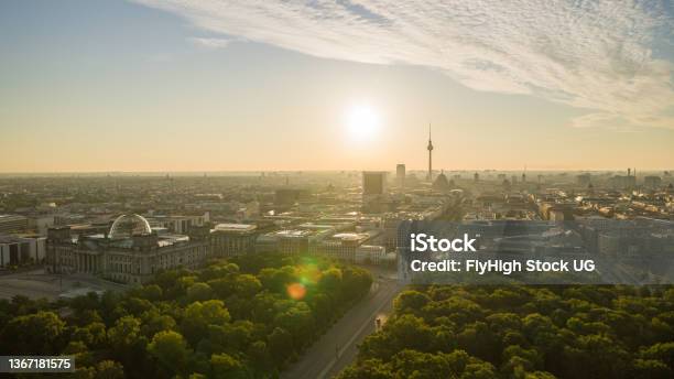 Drone Berlin Brandenburg Gate Sunrise Stock Photo - Download Image Now - Berlin, Drone, Street