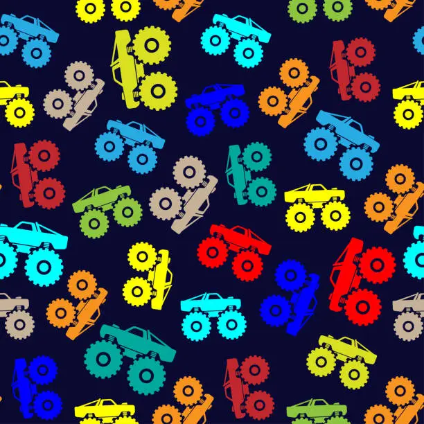 Vector illustration of Beautiful bright colorful multicolored monster trucks isolated on dark blue background. Cute transport seamless pattern. Side view. Vector simple flat graphic illustration. Texture.