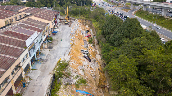 Seri Kembangan, Selangor, Malaysia - Jan 27, 2022: Landslide situation at Lestari Perdana, Seri Kembangan and the surrounding shop lot area