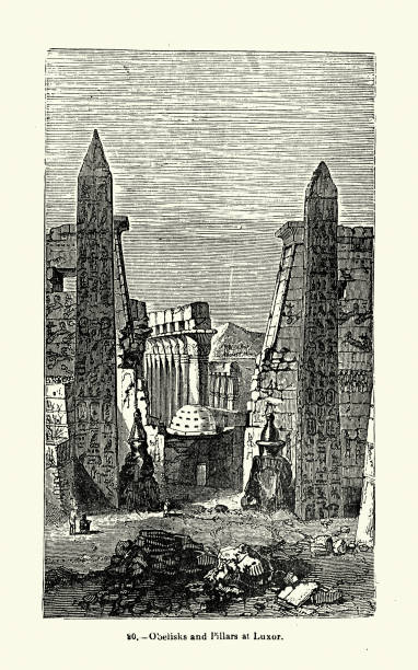 ilustrações de stock, clip art, desenhos animados e ícones de ancient egyptian obelisks and pillars at luxor, architecture of the classical world - luxor