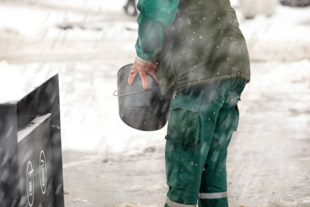istock Public worker service putting salt on icy sidewalk during heavy snowfall. 1367182505