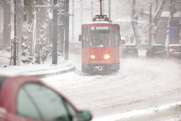 istock Tram public transportation in winter conditions. 1367183171