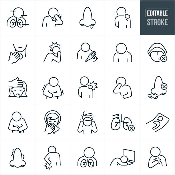 Viral Illness Symptoms Thin Line Icons - Editable Stroke A set of viral illness symptoms, especially those associated with Covid-19 that include editable strokes or outlines using the EPS vector file. The icons include a person sneezing, person coughing, runny nose, person with rash, person with sore throat, person with headache, person with troubles breathing, person with fever, person with fatigue, mouth with loss of taste, nose with loss of smell, little girl with fever, person with body chills, person with body aches, person with nausea, person with stomachache, woman sneezing into tissue, person with confusion, lungs unable to get adequate oxygen, person sick in bed with thermometer, nasal congestion, person with damaged lungs, person asleep at computer and a person with chest pain to name a few. headache stock illustrations