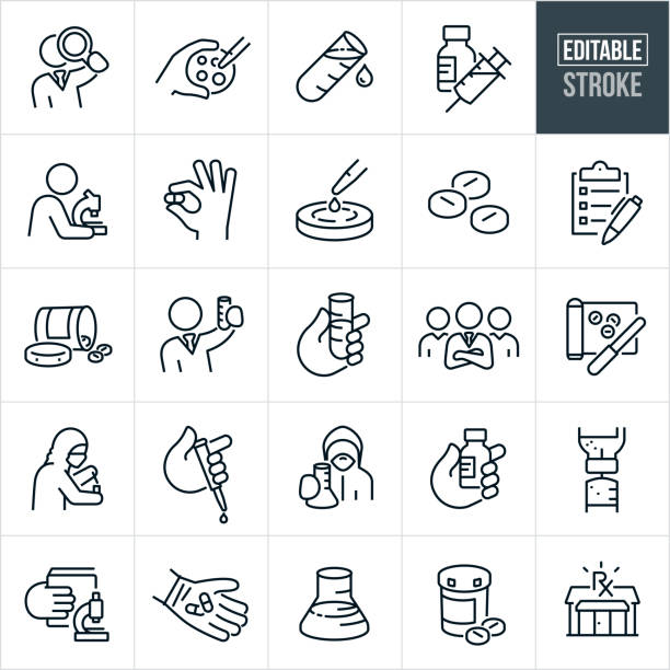 Drug Research And Development Thin Line Icons - Editable Stroke A set of drug research and development icons that include editable strokes or outlines using the EPS vector file. The icons include an icon of a pharmaceutical scientist looking through microscope, scientist looking through magnifying glass, pipette and petri dish, laboratory test tube, vaccine with vial of medicine, hand holding medicine capsule, pills, checklist, prescription medication, scientist holding up test tube, hand holding test tube, team of pharmaceutical scientists, pill dispenser, pharmaceutical scientist using laboratory equipment for testing and new medicine discovery, hand using a pipette, scientist holding laboratory flask, syringe and medicine vial, microscope, hand holding pills and a pharmacy to name a few. laboratory clipart stock illustrations