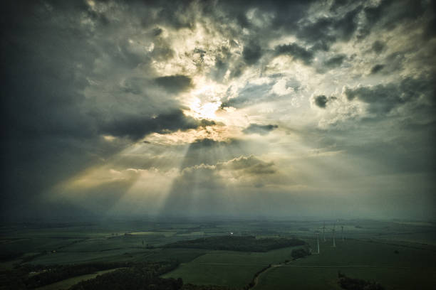 Section of the sky with cumulus and storm clouds over the different trees at summer sunny evening