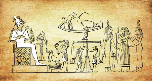 ilustrações de stock, clip art, desenhos animados e ícones de ancient egypt - judgment of the dead, with the weighing of the heart ritual of the book of the dead - death bed illustration and painting engraving