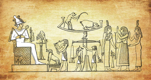 Ancient Egypt - Judgment of the dead, with the weighing of the heart ritual of the Book of the Dead Ancient Egypt - Judgment of the dead, with the weighing of the heart ritual of the Book of the Dead pharaonic tomb stock illustrations