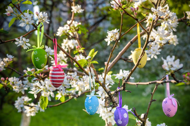 istock Decorative Easter eggs hanging on sakura branch with tender blossom, bright blue sky, sunlight, spring blooming 1367184653