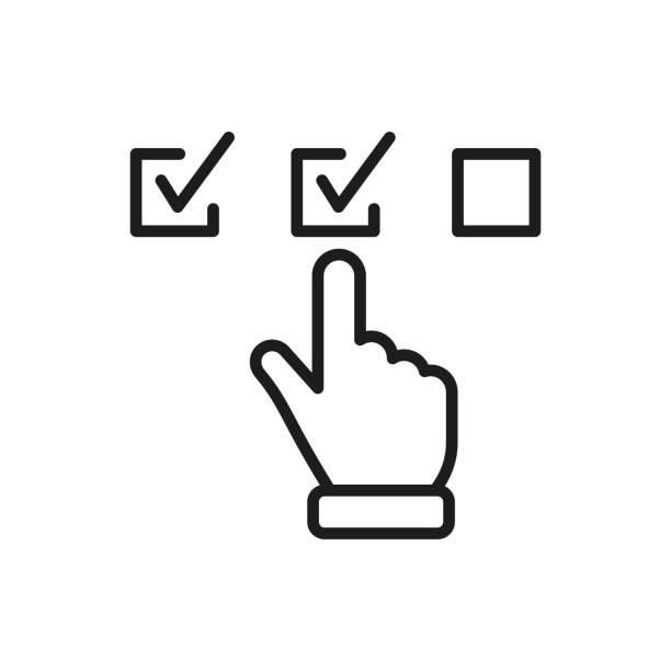 ilustraciones, imágenes clip art, dibujos animados e iconos de stock de icono de línea de cuestionario. pictograma lineal de la lista de verificación de la elección del dedo. marque con la mano el icono de contorno de marca de verificación. casilla de verificación de opción en lista de comprobación. aplicación digital. - human finger