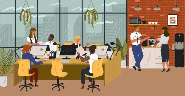 People in office sitting at desks and talking to each other. Business concept vector poster. Team work, coffee break next to office cooler. Modern corporate office interior People in office sitting at desks and talking to each other. Business concept vector poster. Team work, coffee break next to office cooler. Modern corporate office interior. water cooler stock illustrations