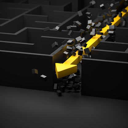 3d rendering: Concept - solving a complex problem. Brute force method: breaking through the brick wall. Black maze and floor with yellow solution path with arrow.