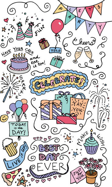 お祝いの落書き - party hat party birthday confetti点のイラスト素材／クリップアート素材／マンガ素材／アイコン素材
