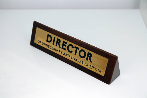 Director of unnecessary and special projects wood and metal sign on a white shelf Director of unnecessary and special projects wood and metal sign on a white shelf in office life art name plates stock pictures, royalty-free photos & images