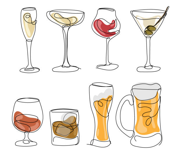 Set of glasses for wine, martini, champagne, whiskey, beer and other Set of glasses for wine, martini, champagne, whiskey, beer and other. Modern Minimalist Style. One continuous line drawing. Vector illustration red party cup stock illustrations