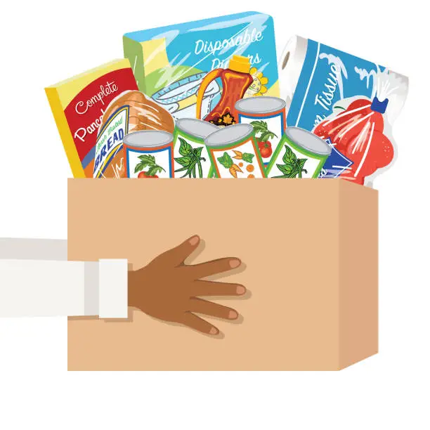 Vector illustration of Person Holding A Box Of Food For The Food Bank. Food Drive Design In  Flat Colors