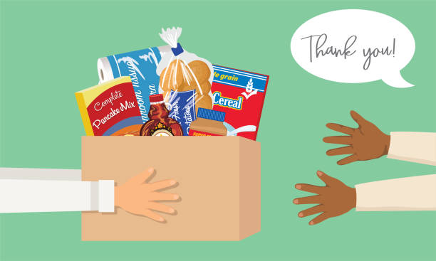 Person Giving A Box Of Food To Another Person.  Food Bank Concept In Flat Colors A flat color food drive and charity concept on a colored background. giving tuesday stock illustrations