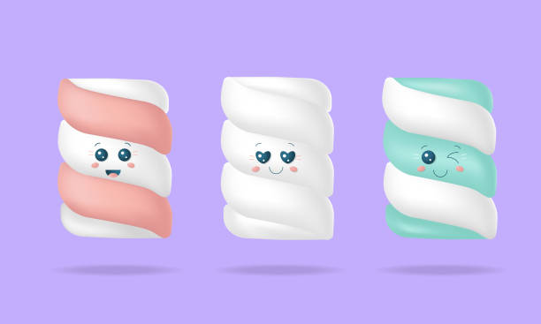 3d cute soft marshmallows Set of 3d cute soft marshmallows with facial emotions. Vector stock illustration. chewy stock illustrations