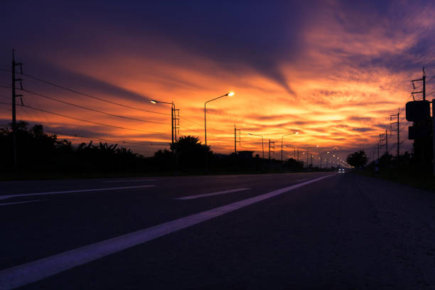 One car ready highway (motorway) to travel before sunset
