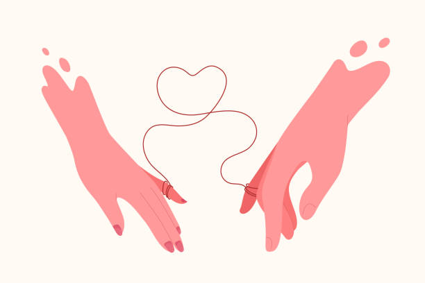 Woman and man's hand are binding  with red thread of love destiny. Eastern red thread of fate on hands of lovers. Illustration for Valentine's day, wedding, marriage, soulmate couple. Flat vector. romantic stock illustrations