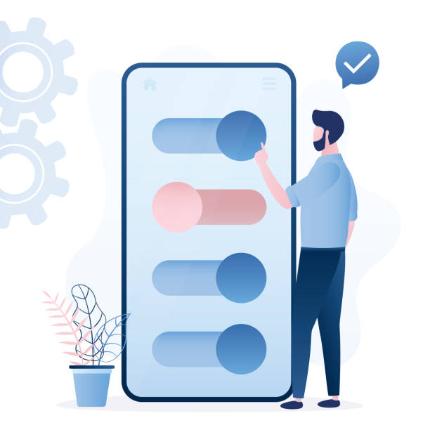 Male user moves sliders of settings. Smartphone system adjust, control panel. Cell phone and handsome man in trendy blue style. vector art illustration
