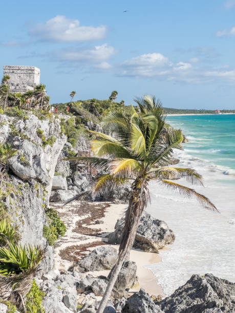Amazing blue water and the beach, Tulum ancient Mayan temples. Quintana Roo, Mexico