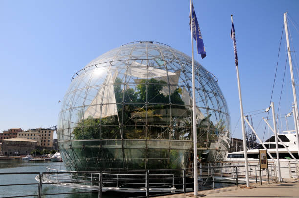 Genoa Old Port. Biosfera, glass sphere by Renzo Piano known as the Bubble with a rainforest ecosystem, Genoa Aquarium, Porto Antico, Liguria, Italy.